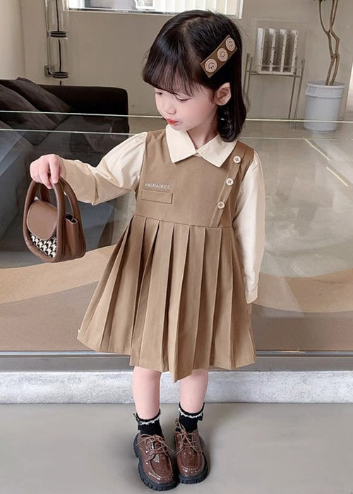 Khaki Patchwork Cotton Girls Dresses Peter Pan Collar Long Sleeve XZ021