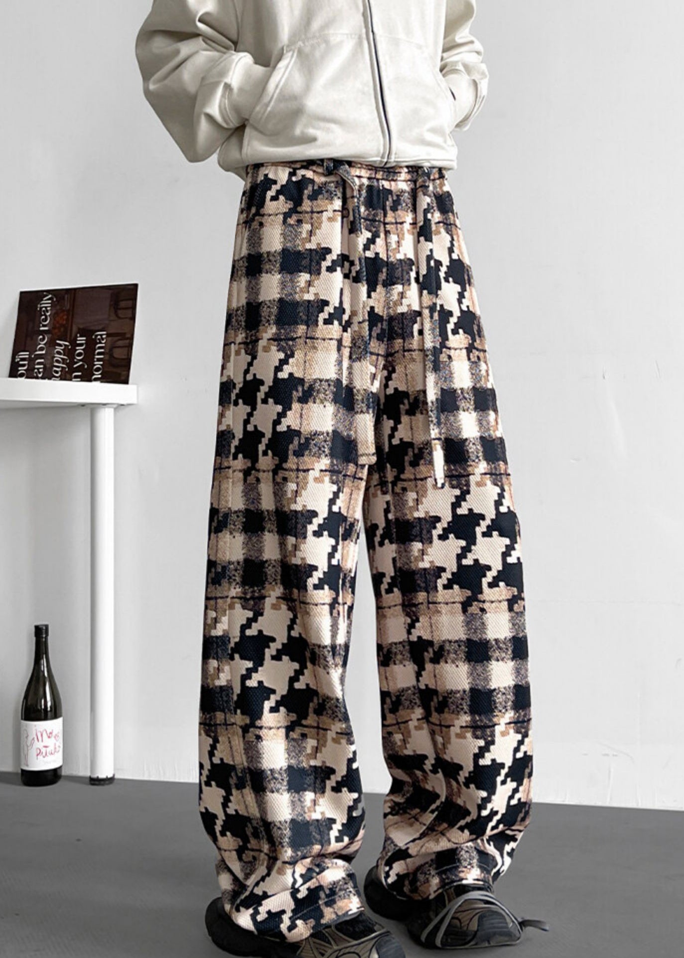 Elastic Waist Pockets Cotton Khaki Men Pants Plaid