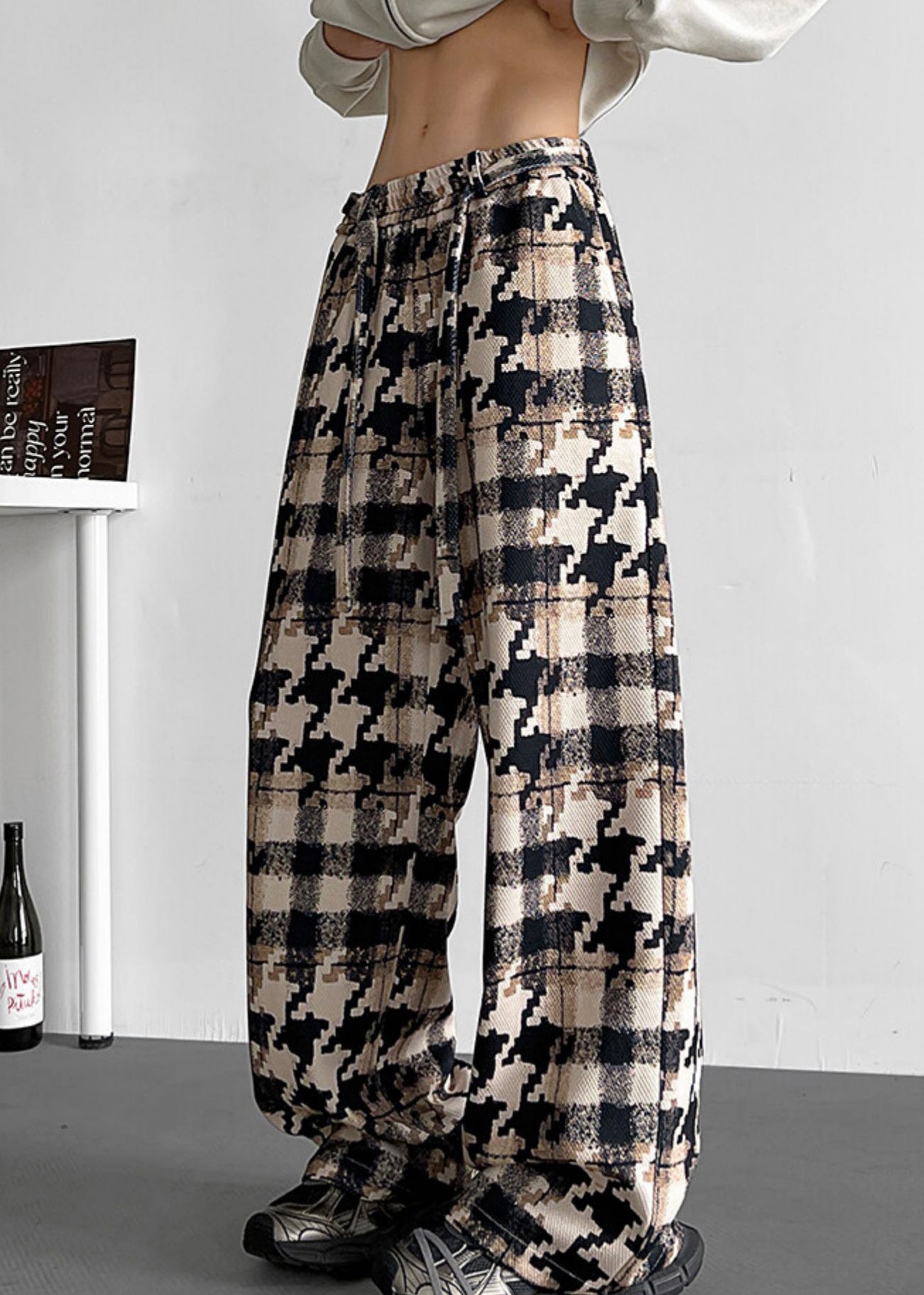 Elastic Waist Pockets Cotton Khaki Men Pants Plaid