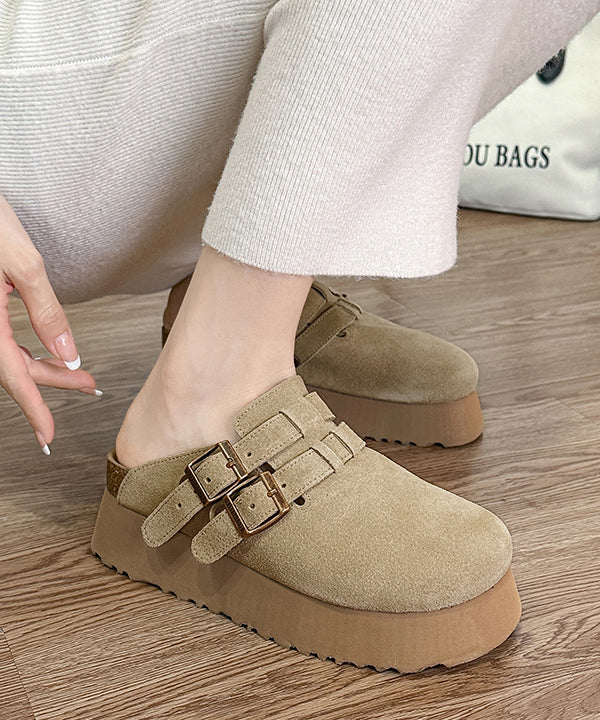 Khaki Platform Suede Handmade Splicing Slide Sandals RI015