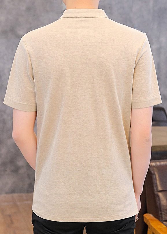 Khaki Stand Cotton Mens T Print Collar Shirt Button Summer