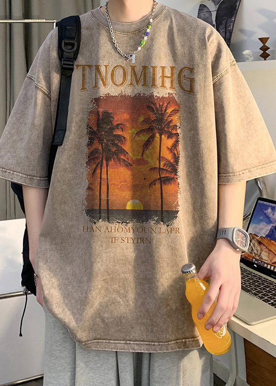 T-shirt kaki à manches mi-longues et col rond en coton pour homme, imprimé surdimensionné