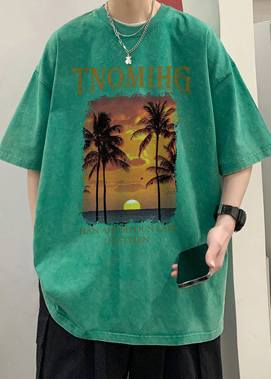 T-shirt kaki à manches mi-longues et col rond en coton pour homme, imprimé surdimensionné