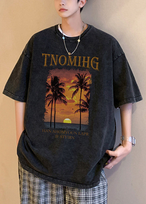 T-shirt kaki à manches mi-longues et col rond en coton pour homme, imprimé surdimensionné