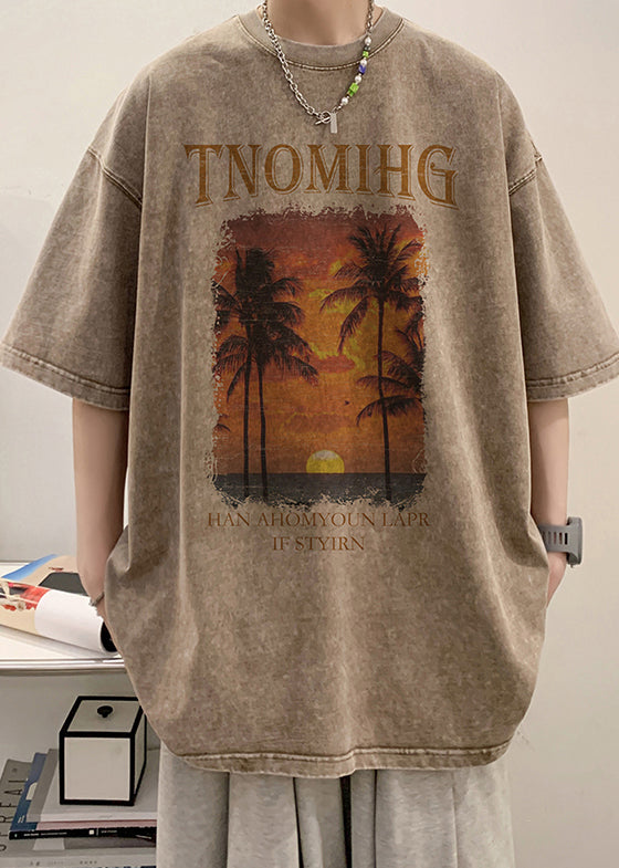 T-shirt kaki à manches mi-longues et col rond en coton pour homme, imprimé surdimensionné