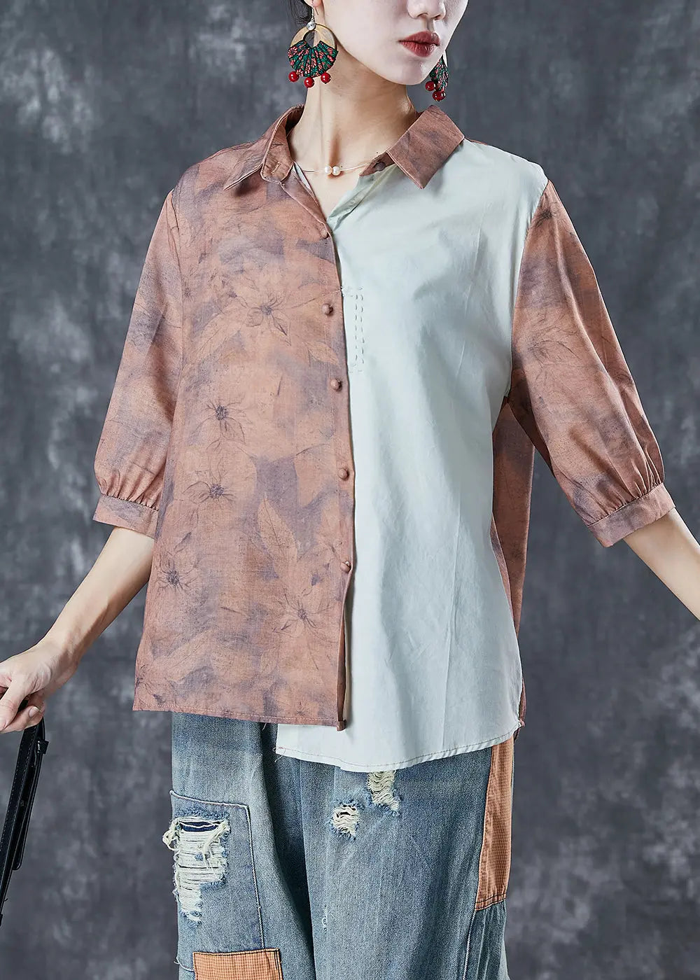 Khaki Print Patchwork Linen Shirt Top Asymmetrical Half Sleeve Ada Fashion
