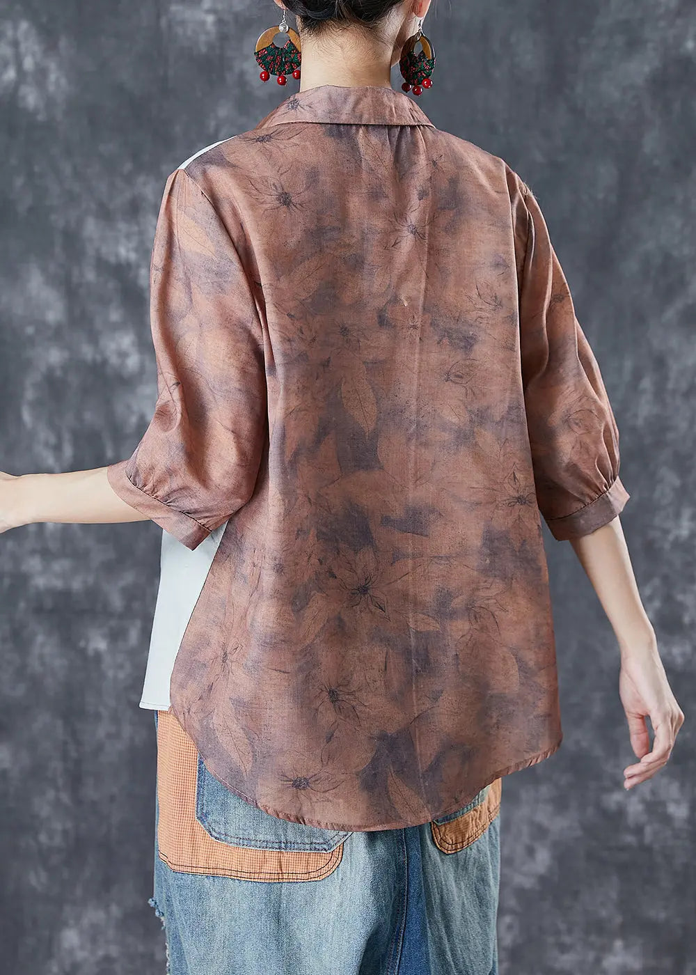 Khaki Print Patchwork Linen Shirt Top Asymmetrical Half Sleeve Ada Fashion