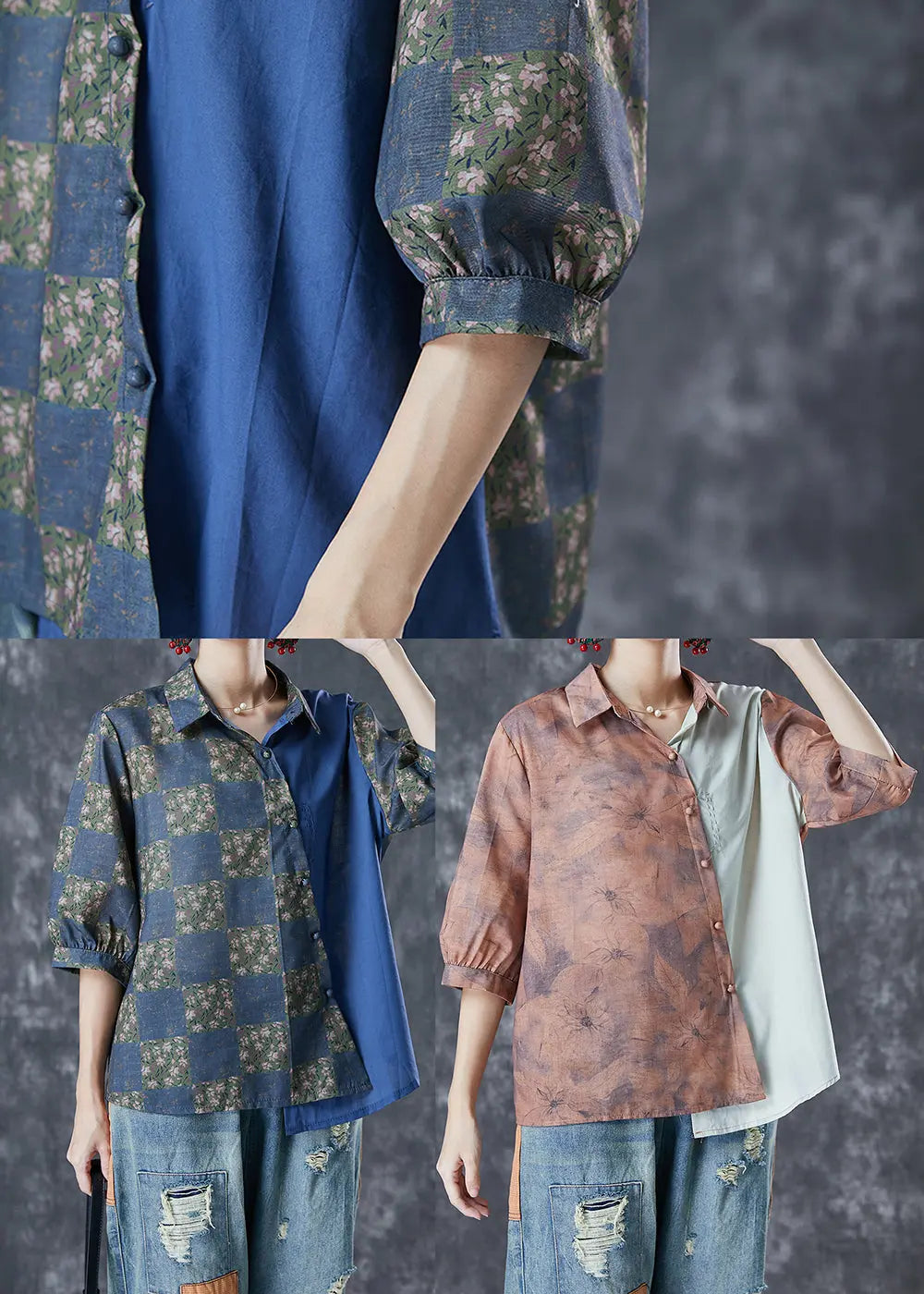 Khaki Print Patchwork Linen Shirt Top Asymmetrical Half Sleeve Ada Fashion