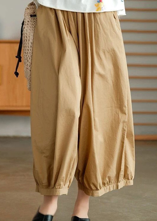 Khaki Solid Pockets Cotton Wide Leg Pants High Waist Summer VV078