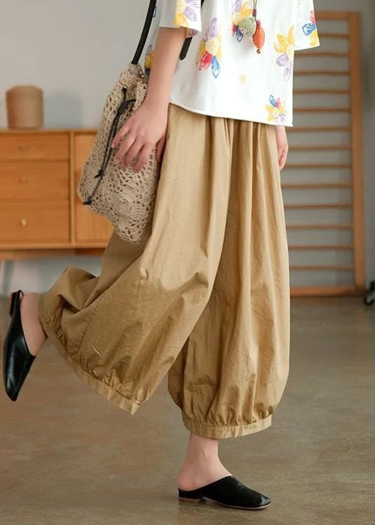 Khaki Solid Pockets Cotton Wide Leg Pants High Waist Summer VV078