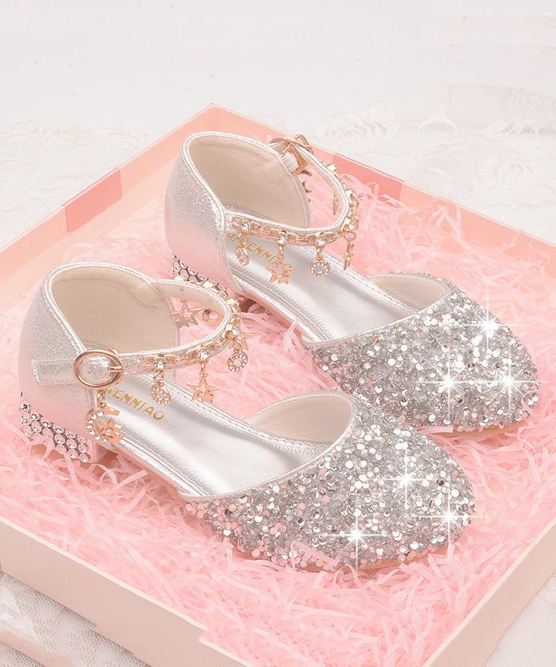 Leather Girls Princess Strap Kids Zircon Flats Buckle Silver Faux