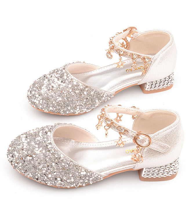 Leather Girls Princess Strap Kids Zircon Flats Buckle Silver Faux