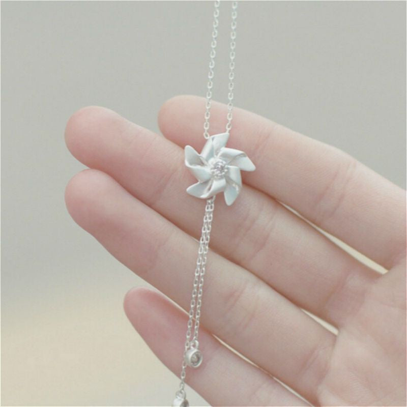 925 Necklace Windmill Silver Rhinestone Pendant Sterling