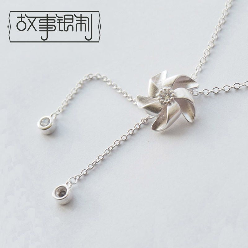 925 Necklace Windmill Silver Rhinestone Pendant Sterling
