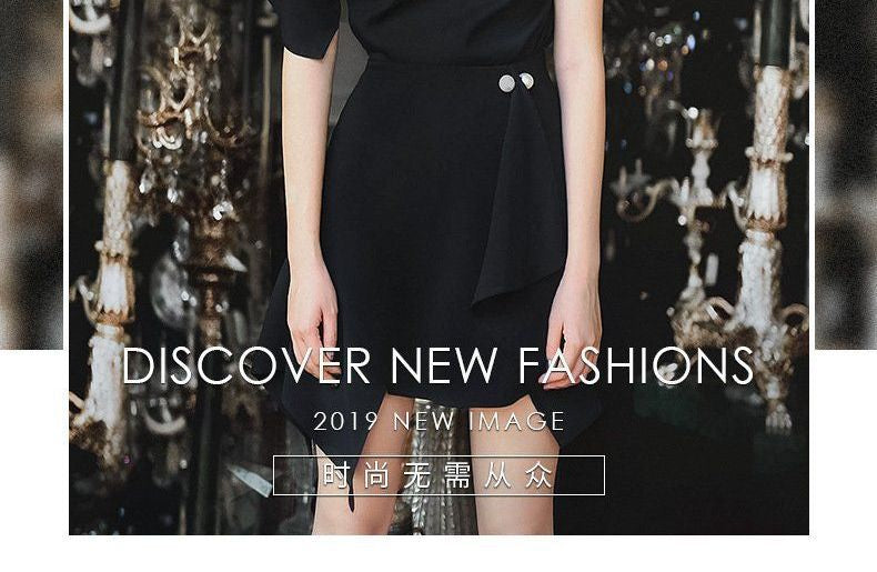 Set: One-Shoulder Short-Sleeve Blouse + Asymmetrical Hem Mini Skirt