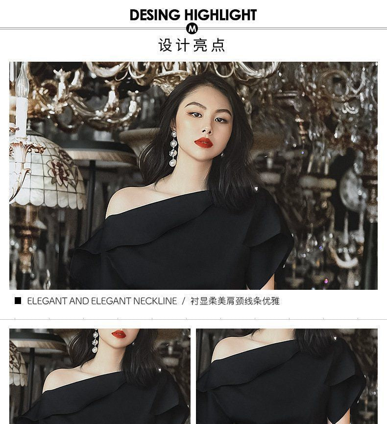 Set: One-Shoulder Short-Sleeve Blouse + Asymmetrical Hem Mini Skirt