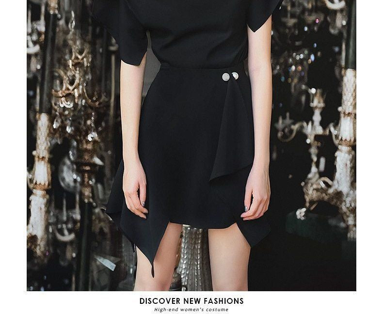 Set: One-Shoulder Short-Sleeve Blouse + Asymmetrical Hem Mini Skirt