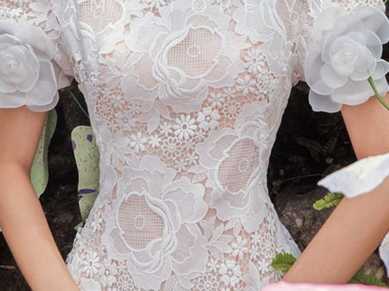 Short-Sleeve Lace Midi A-Line Party Dress