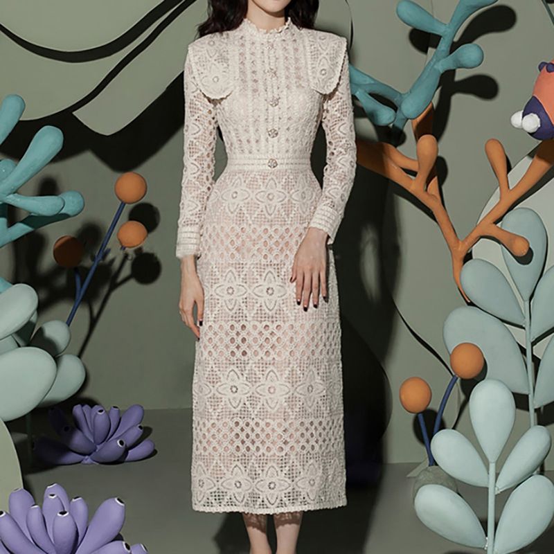 Long-Sleeve Lace Midi A-Line Dress