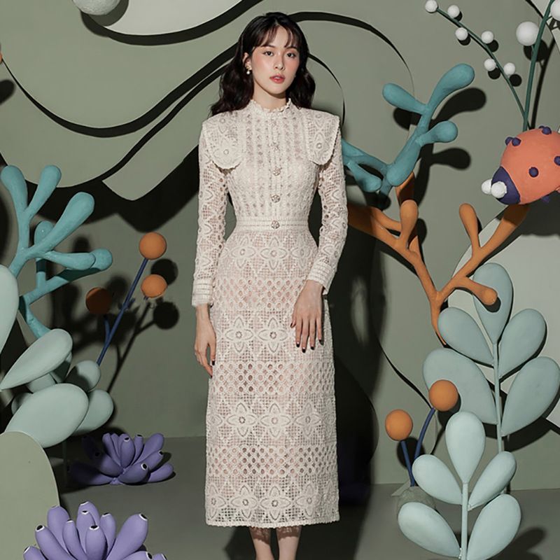 Long-Sleeve Lace Midi A-Line Dress