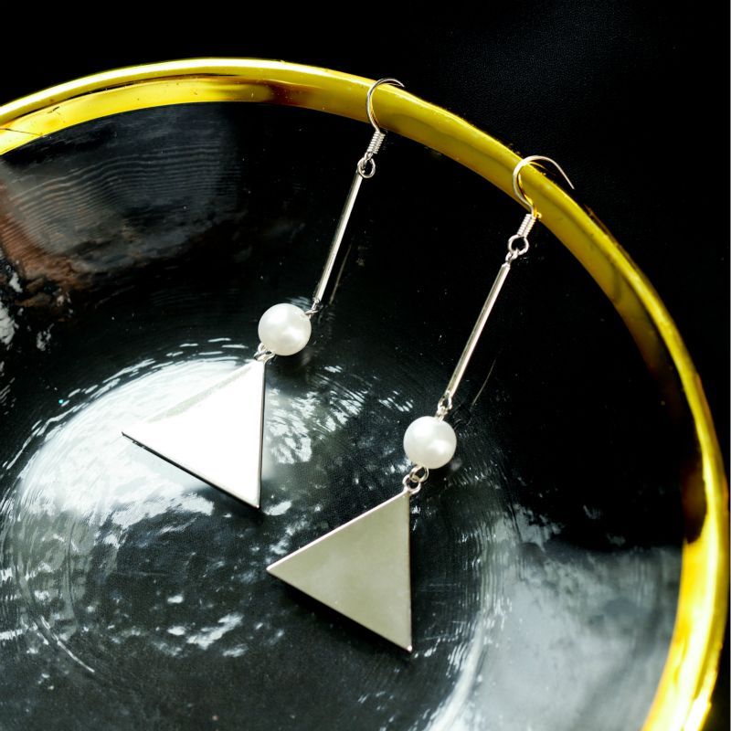 Silver Pearl Triangle Dangle Earring Faux Sterling