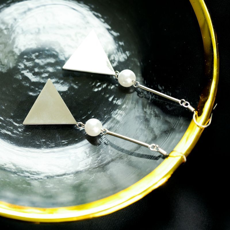 Silver Pearl Triangle Dangle Earring Faux Sterling