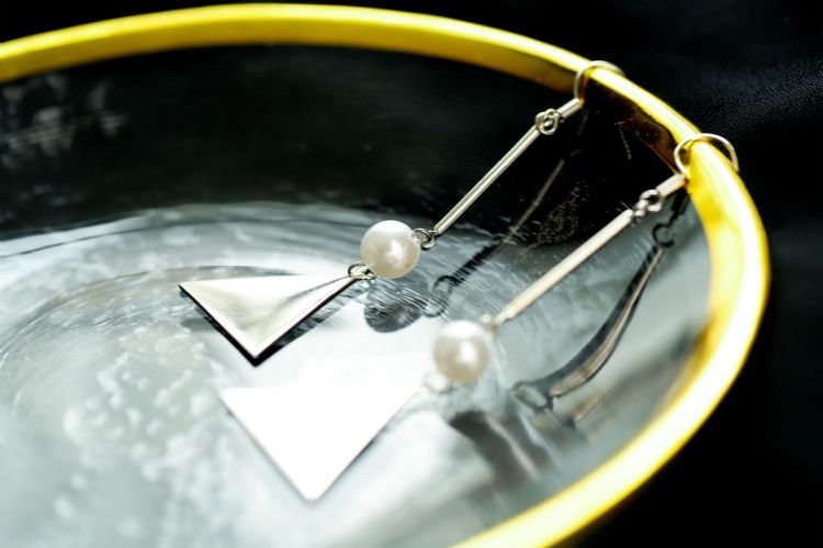 Silver Pearl Triangle Dangle Earring Faux Sterling