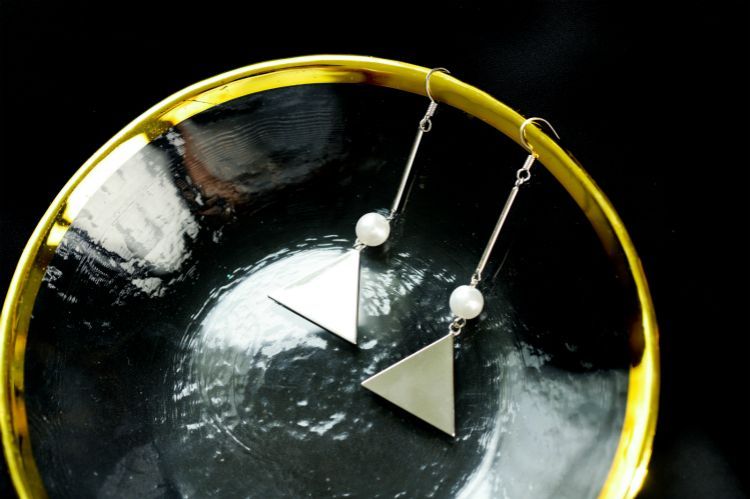 Silver Pearl Triangle Dangle Earring Faux Sterling