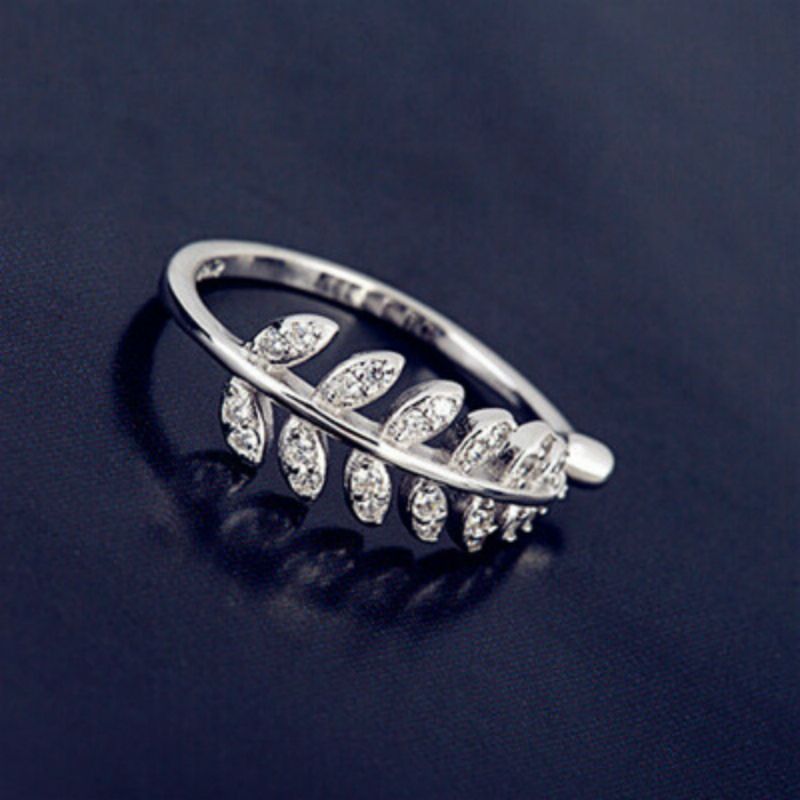 Ring Open Leaf Sterling Rhinestone Silver
