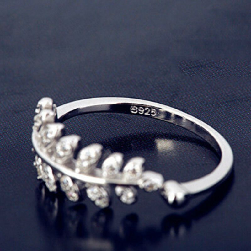 Ring Open Leaf Sterling Rhinestone Silver