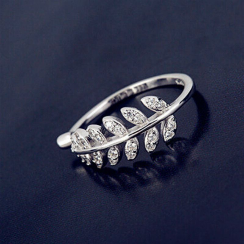 Ring Open Leaf Sterling Rhinestone Silver