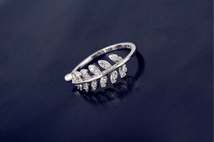 Ring Open Leaf Sterling Rhinestone Silver