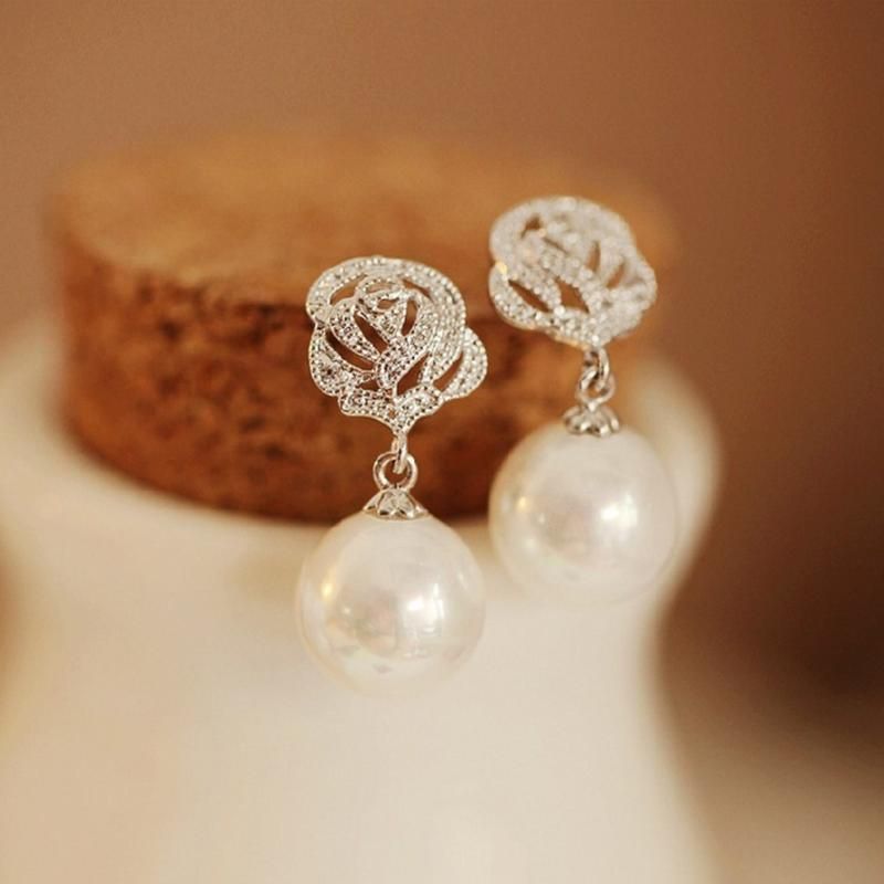 Earring Rose Dangle Rhinestone Pearl Faux