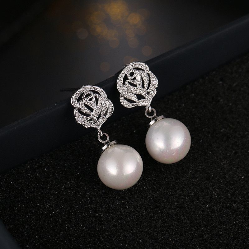 Earring Rose Dangle Rhinestone Pearl Faux
