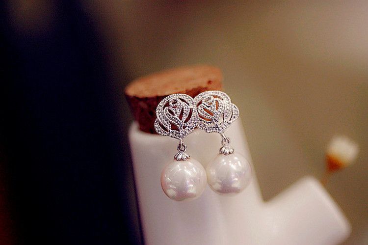Earring Rose Dangle Rhinestone Pearl Faux