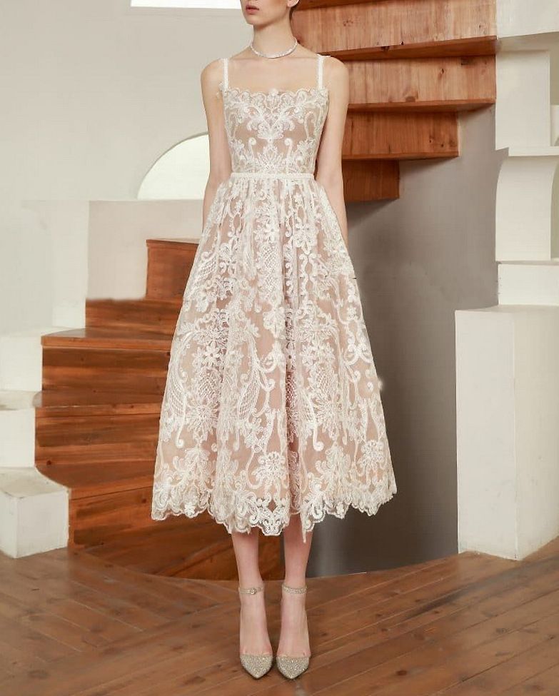 Spaghetti-Strap Lace Midi A-Line Dress