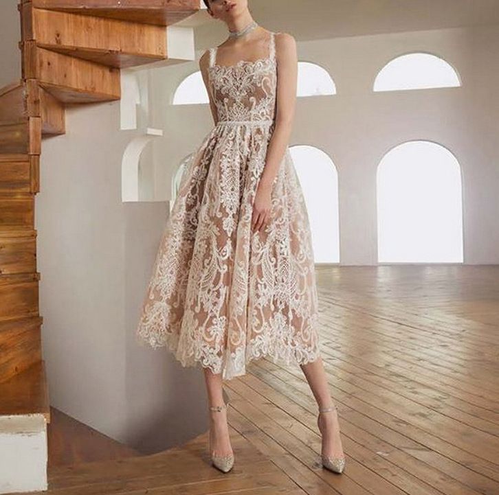 Spaghetti-Strap Lace Midi A-Line Dress