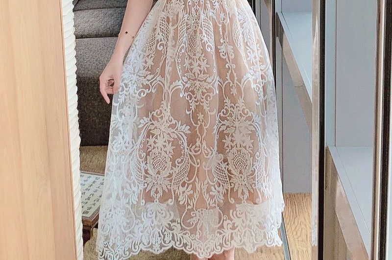 Spaghetti-Strap Lace Midi A-Line Dress