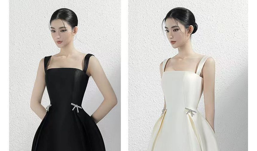 Wide Strap Rhinestone Bow A-Line Dress