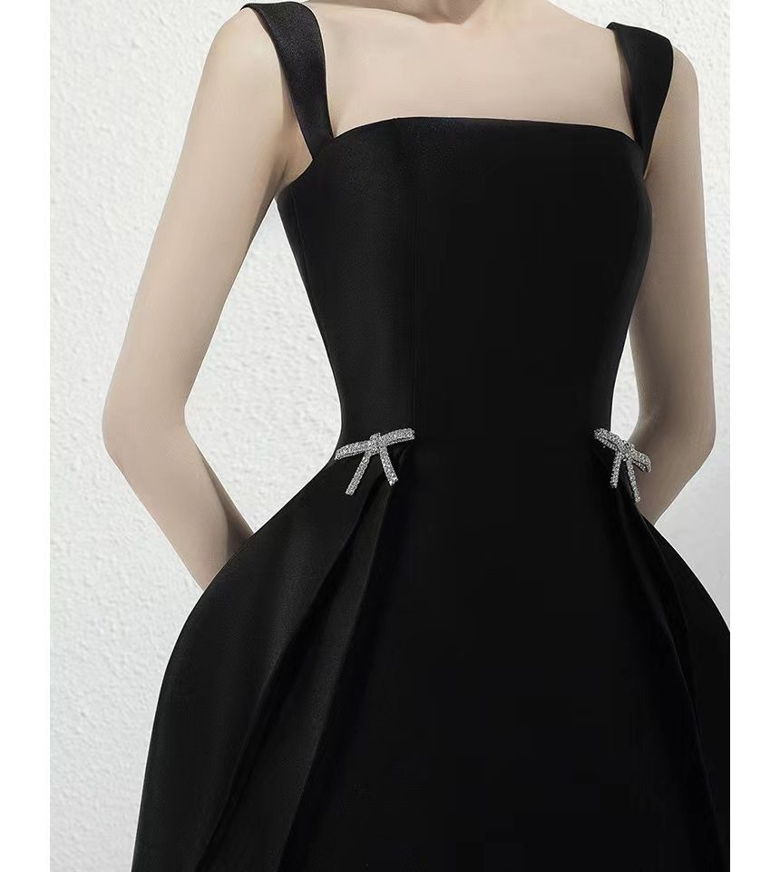 Wide Strap Rhinestone Bow A-Line Dress