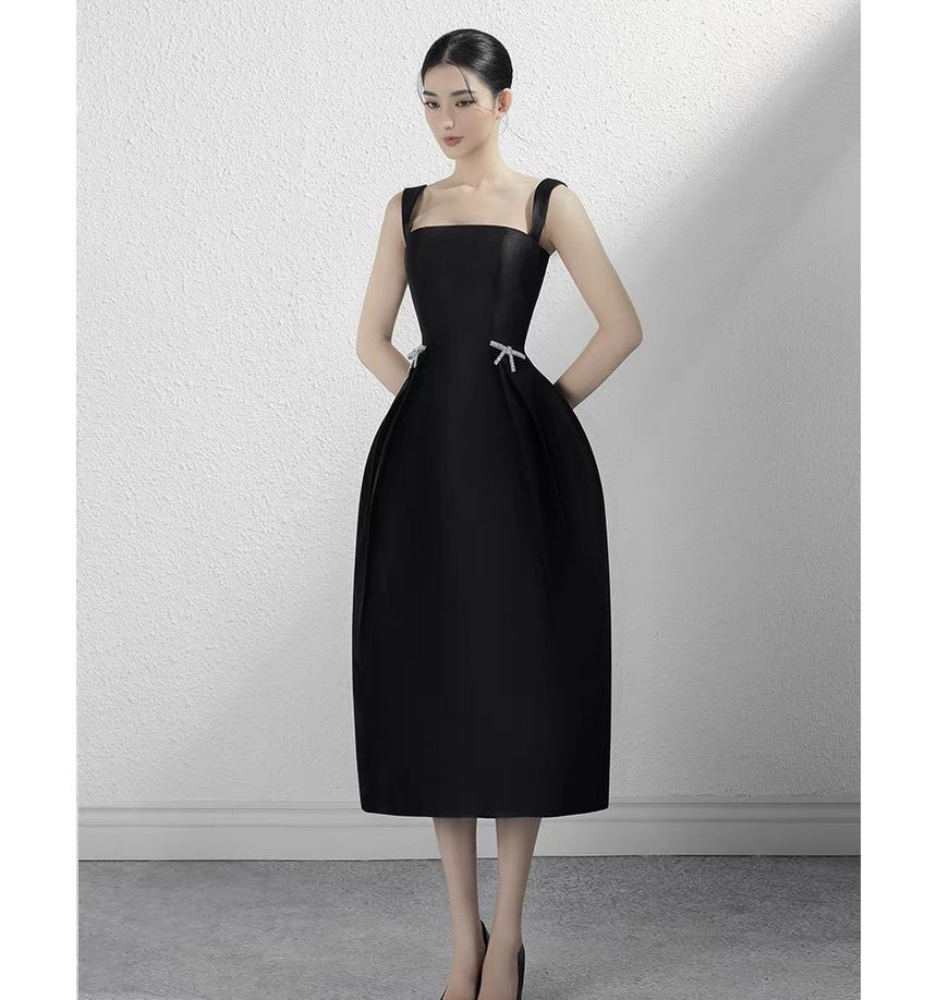 Wide Strap Rhinestone Bow A-Line Dress