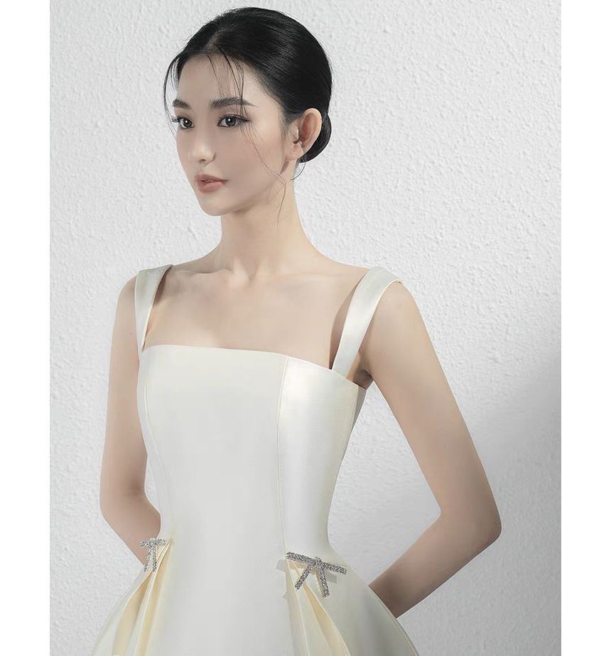 Wide Strap Rhinestone Bow A-Line Dress