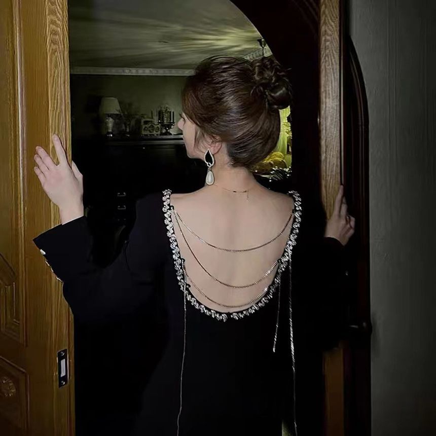 Long-Sleeve Sweetheart-Neckline Rhinestone Chained-Up Mini A-Line Dress