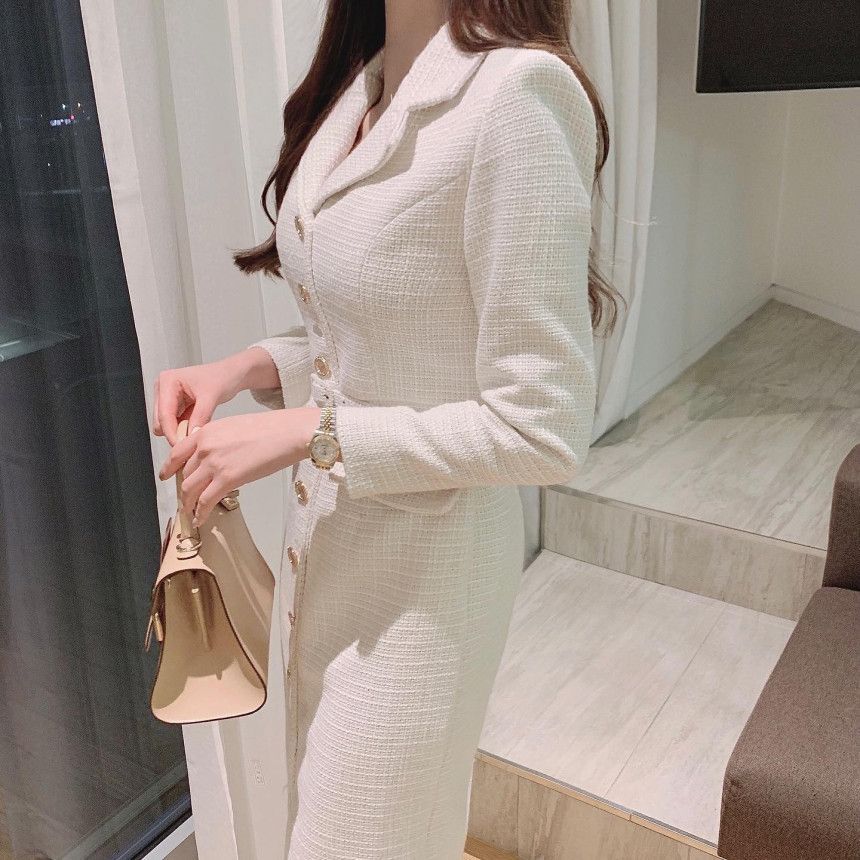 Long-Sleeve Plain Button-Up Midi Bodycon Dress