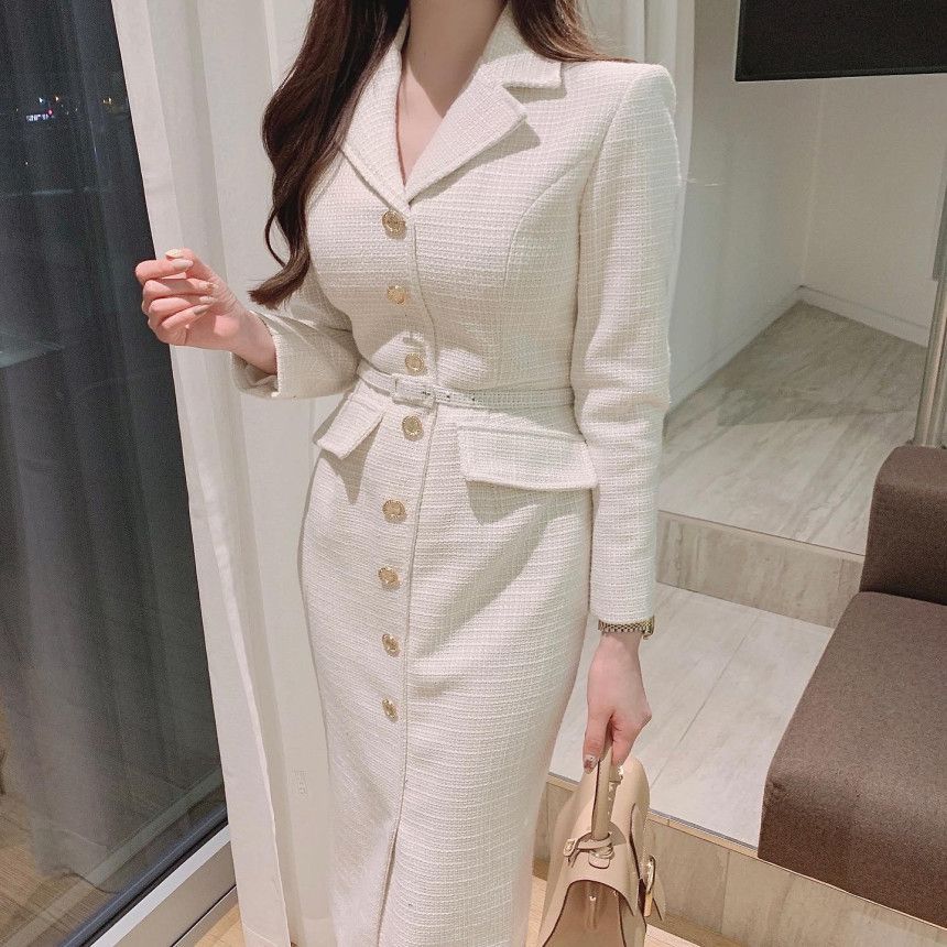 Long-Sleeve Plain Button-Up Midi Bodycon Dress