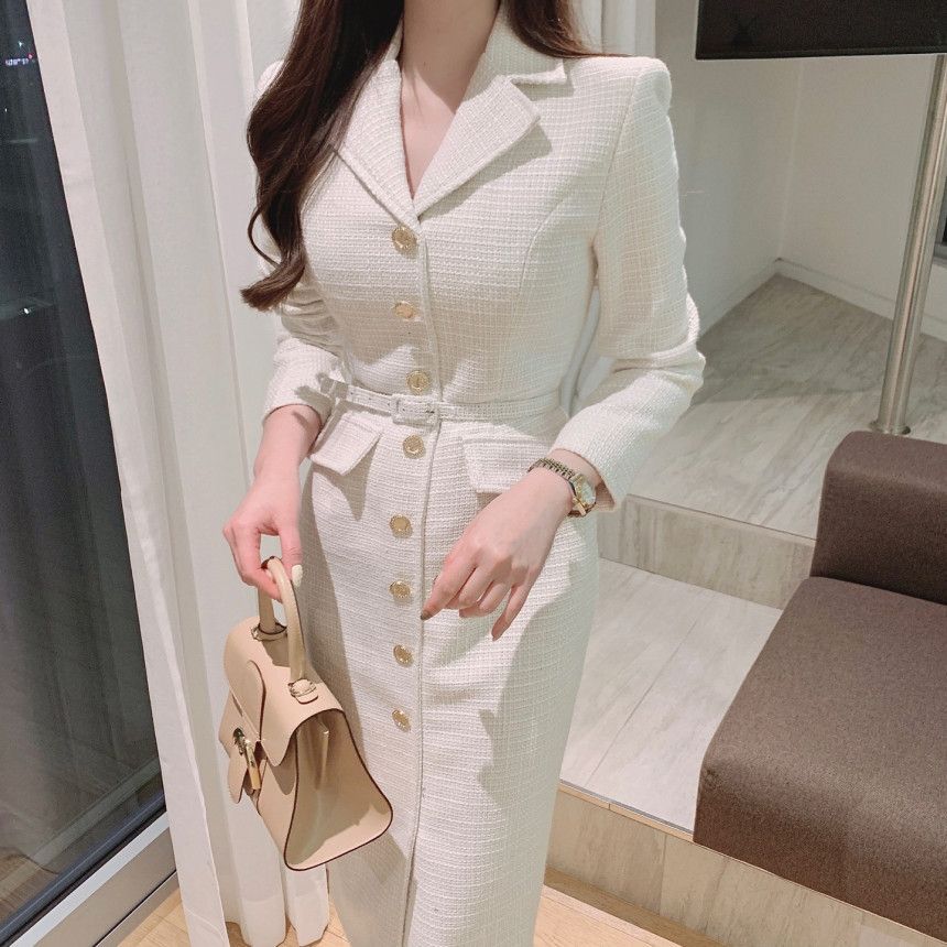 Long-Sleeve Plain Button-Up Midi Bodycon Dress