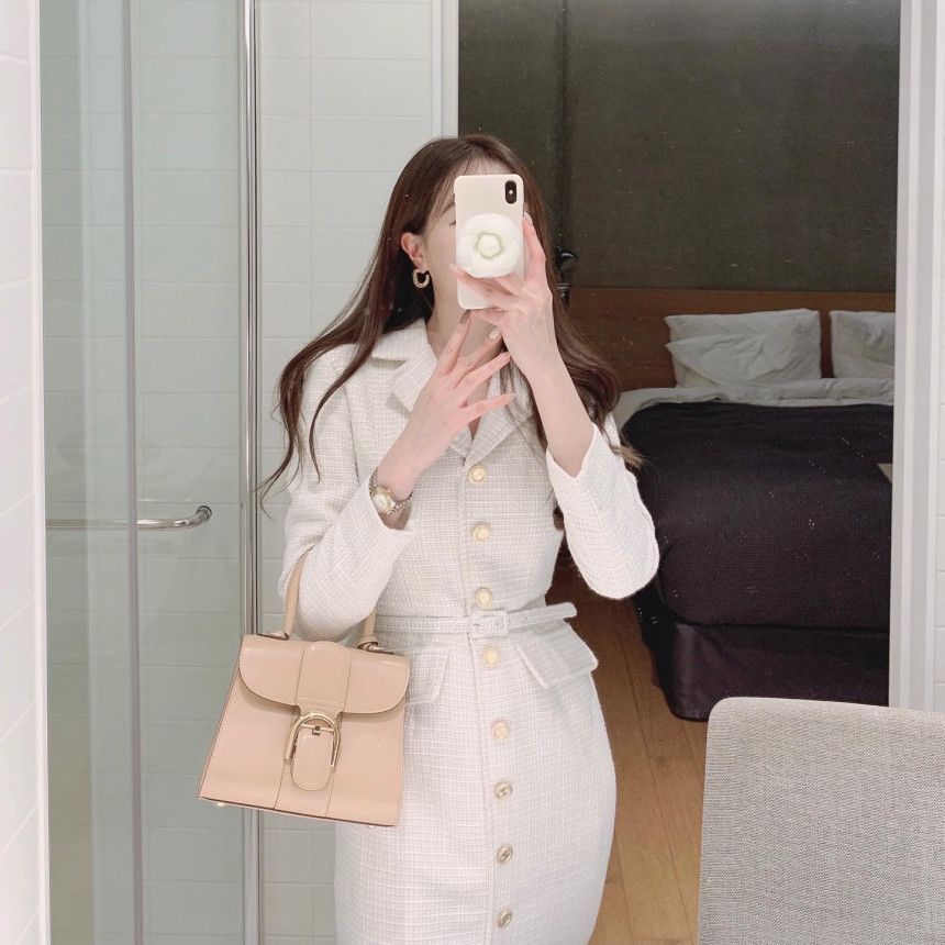 Long-Sleeve Plain Button-Up Midi Bodycon Dress