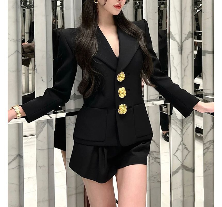 Long-Sleeve Plain Floral Buttoned Blazer