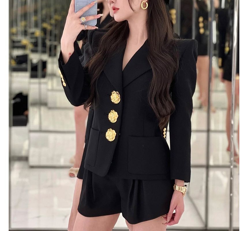 Long-Sleeve Plain Floral Buttoned Blazer