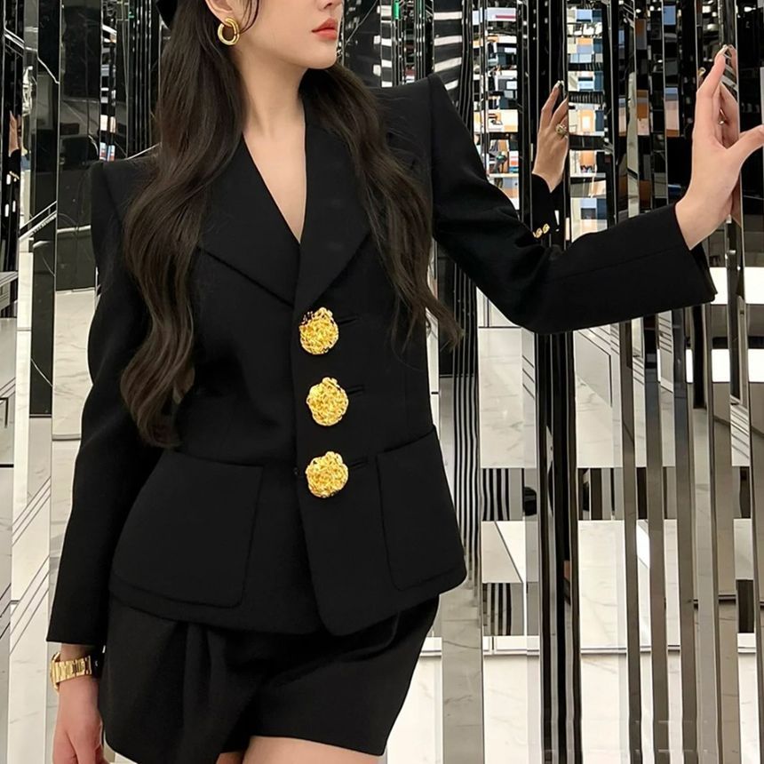 Long-Sleeve Plain Floral Buttoned Blazer